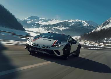 White Lamborghini on Snowy Road