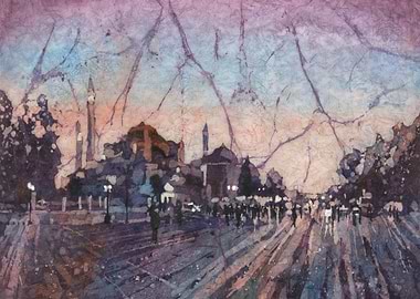 Istanbul Sunset Watercolor