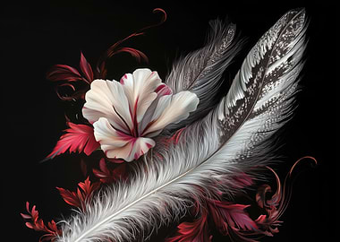 White Feather and Red Floral Elegance – Digital Botanical Art
