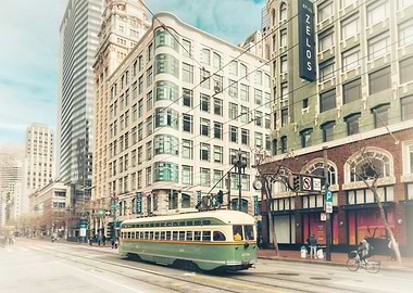 Vintage Tram in Cityscape