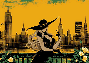 Woman in Hat, NYC Skyline