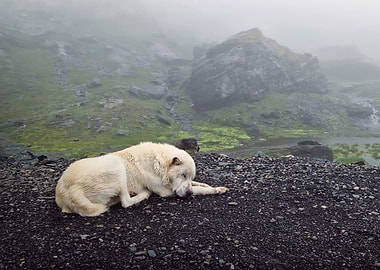 White Dog Sleeping in Foggy Landscape