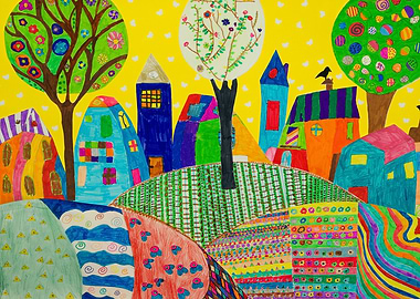 Colorful Village Drawing