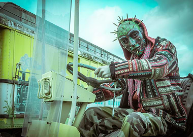 Man in Mask Driving Forklift