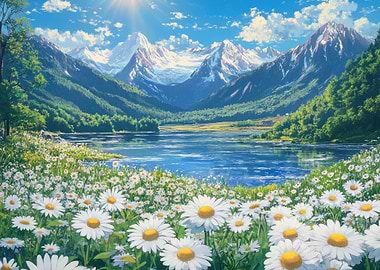 Mountain Lake with Daisies
