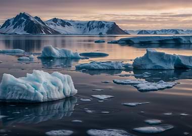 Serene Arctic Icebergs on a Still Glacier Lake – Icy Nordic Sunset Landscape