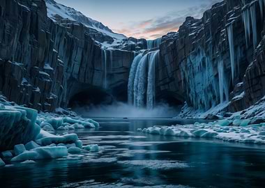 Majestic Frozen Waterfall in an Icy Canyon – Cinematic Arctic Winter Landscape