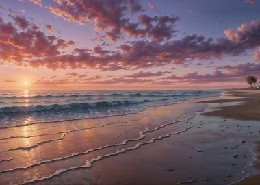 Golden Sunset Over a Tranquil Beach with Gentle Waves