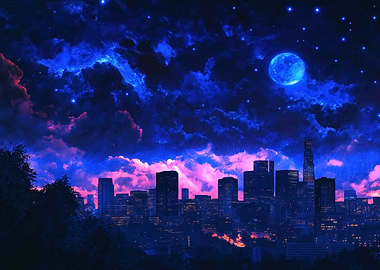 Night Cityscape with Full Moon