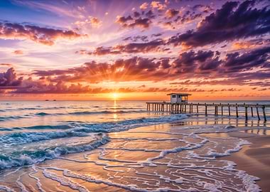 Dramatic Ocean Sunset with Wooden Pier and Waves