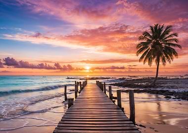 Tropical Beach Sunset with Wooden Pier and Palm Tree