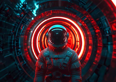 Astronaut in Red Neon Portal