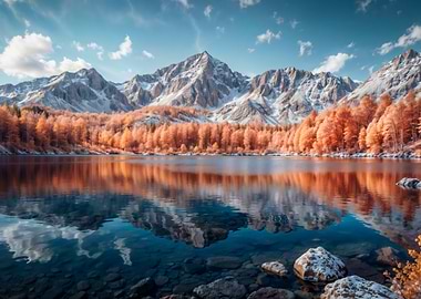 Serene Mountain Lake with Autumn Foliage and Snowy Peaks