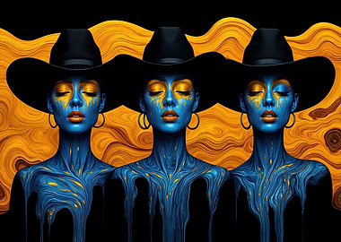 Electric Trinity: Blue & Gold Abstract Portraits