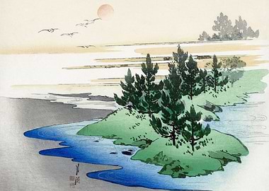 Japanese Landscape with Pine Trees