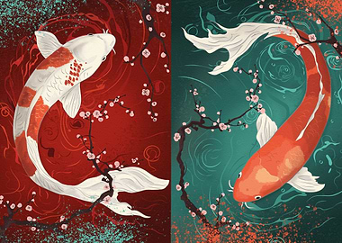 Koi Carp Fish and Cherry Blossoms