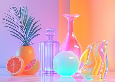 Tropichrome Still Life – Neon Fruit & Glass - Glassware Still Life