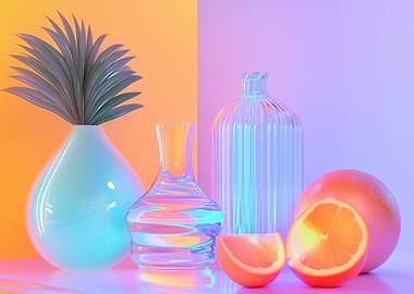 Citrus Glow – A Neon Still Life - Glassware and Oranges Still Life