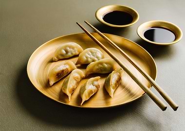 Gyoza Dumplings on a Golden Plate with Chopsticks and Dipping Sauce