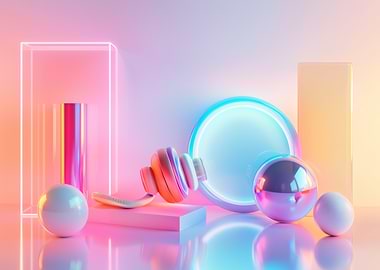 Cyber Setup – Neon Still Life with Headphones - Neon Geometric Abstract