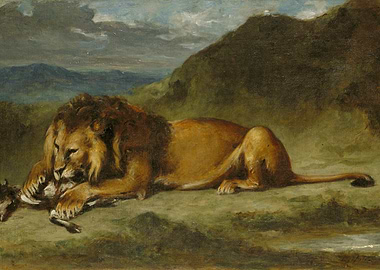 Lion Feasting on Prey