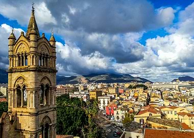 Palermo Cathedral tower overlooking vibrant cityscape