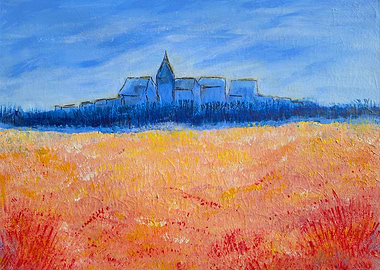 Blue Cityscape with Red Field
