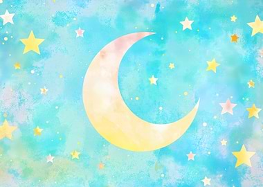 Watercolor Moon and Stars