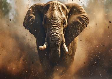 Elephant Charging Through Dust