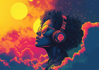 Woman in Headphones with Sunset