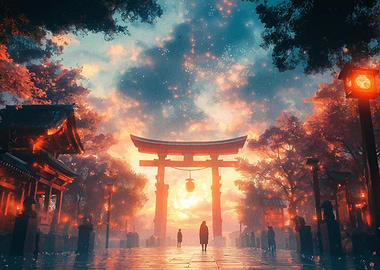 Japanese Temple Gate at Sunset