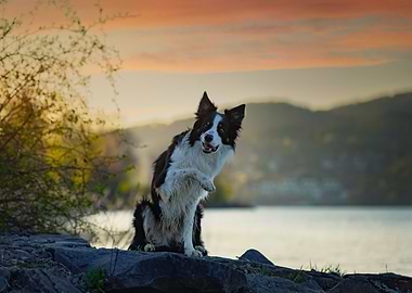 Dog Border Collie at Sunset