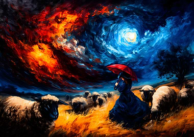 Woman with Umbrella in Stormy Sky