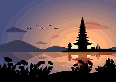 Sunset Temple Silhouette