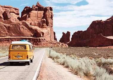 Yellow Van in Desert Landscape
