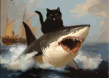 Cat Riding Shark, Cat Riding Shark Canvas Wall Art Funny Coastal Shark