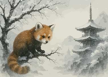 Red Panda in Snowy Landscape