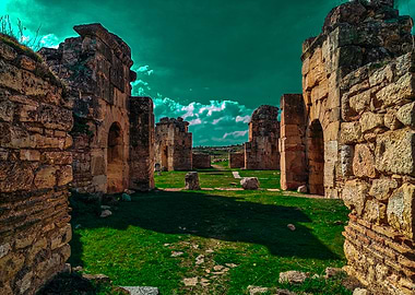 Ancient Ruins with Green Sky