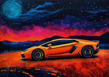 Orange Lamborghini Under a Starry Sky