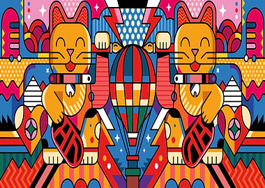 Happy Cats and Hot Air Balloon