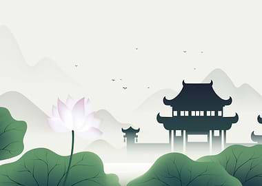 Lotus and Pagoda in Mist