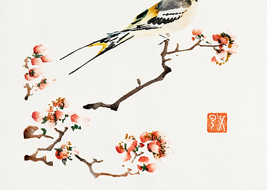 Bird on Branch with Blossoms