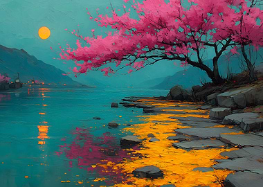 Pink Tree by the Lake