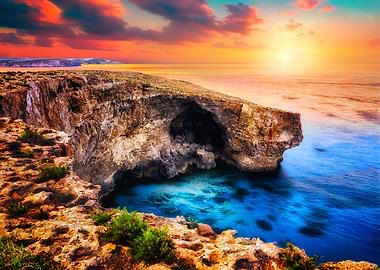Sea Cave at Sunset in Malta Landscape