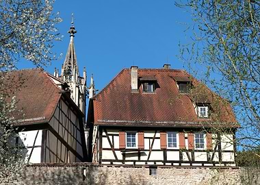 Half-Timbered Houses and Spire in Germany