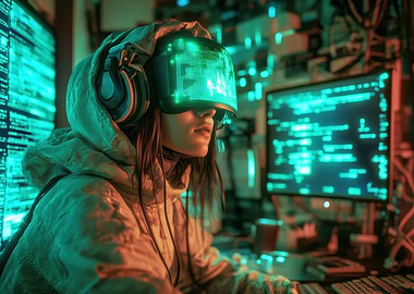 Female Cyberpunk Gamer in VR