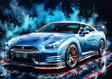 Blue Nissan GT-R Watercolor