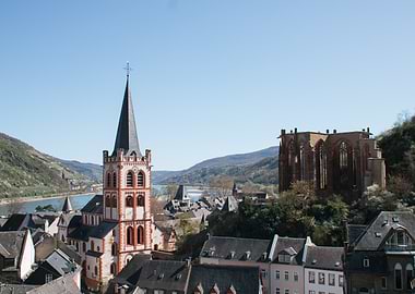 German Town with Church and Ruins