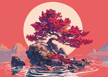 Red Tree on a Rock Island