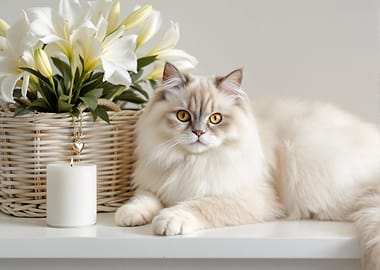 White Cat with Lilies and Candle